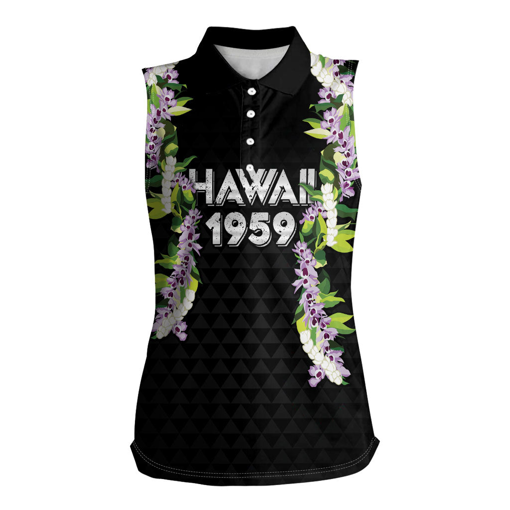Hawaii Statehood Day Women Sleeveless Polo Shirt Kakau Pattern With Maile Pikake Honohono Lei LT05 Female Black - Polynesian Pride