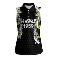 Hawaii Statehood Day Women Sleeveless Polo Shirt Kakau Pattern With Maile Pikake Honohono Lei LT05 Female Black - Polynesian Pride