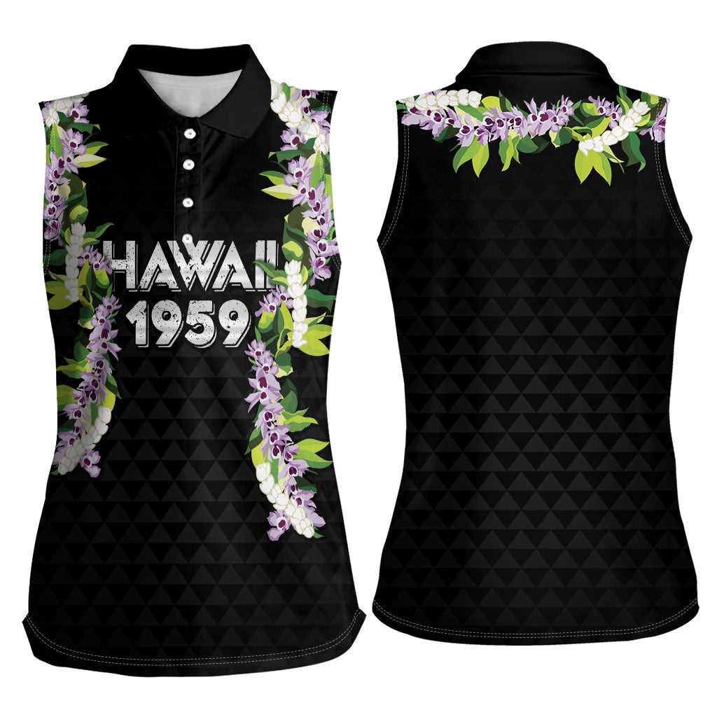 Hawaii Statehood Day Women Sleeveless Polo Shirt Kakau Pattern With Maile Pikake Honohono Lei LT05 - Polynesian Pride