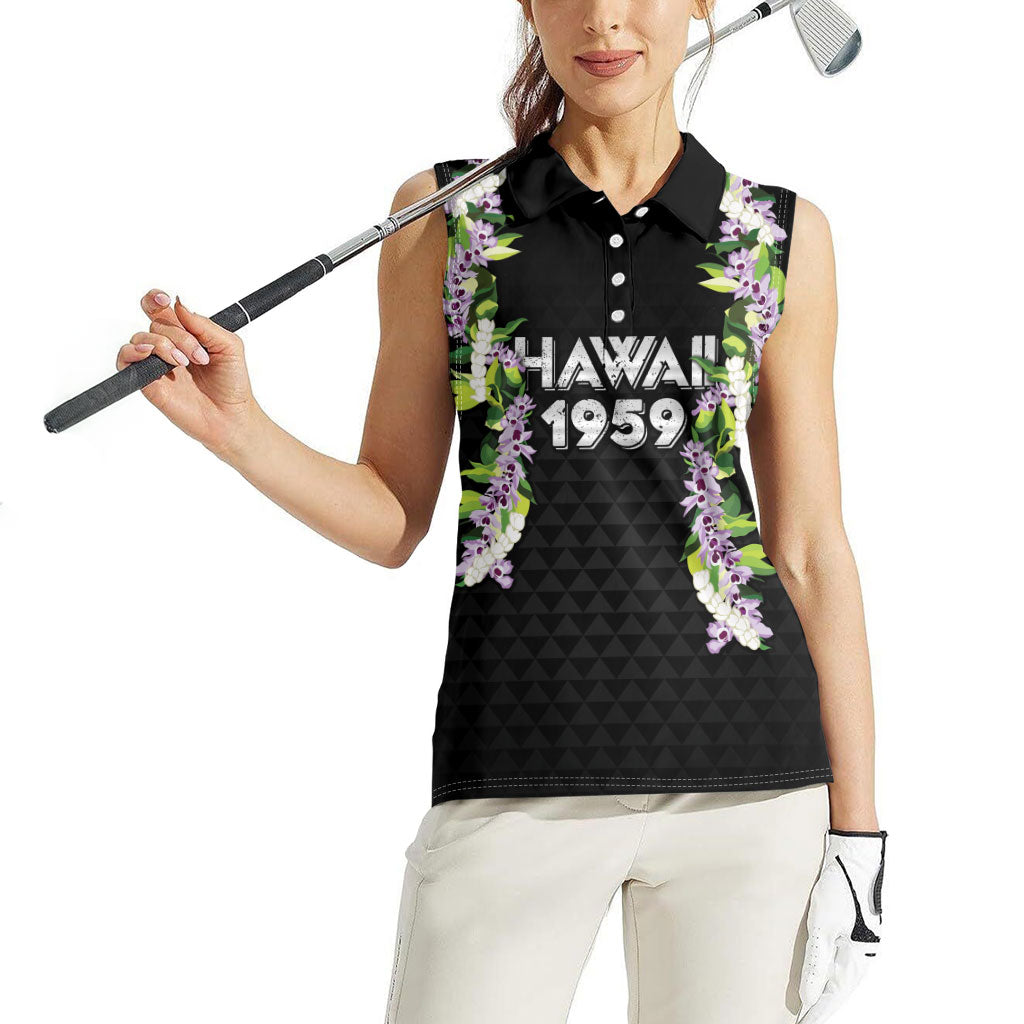 Hawaii Statehood Day Women Sleeveless Polo Shirt Kakau Pattern With Maile Pikake Honohono Lei LT05 - Polynesian Pride