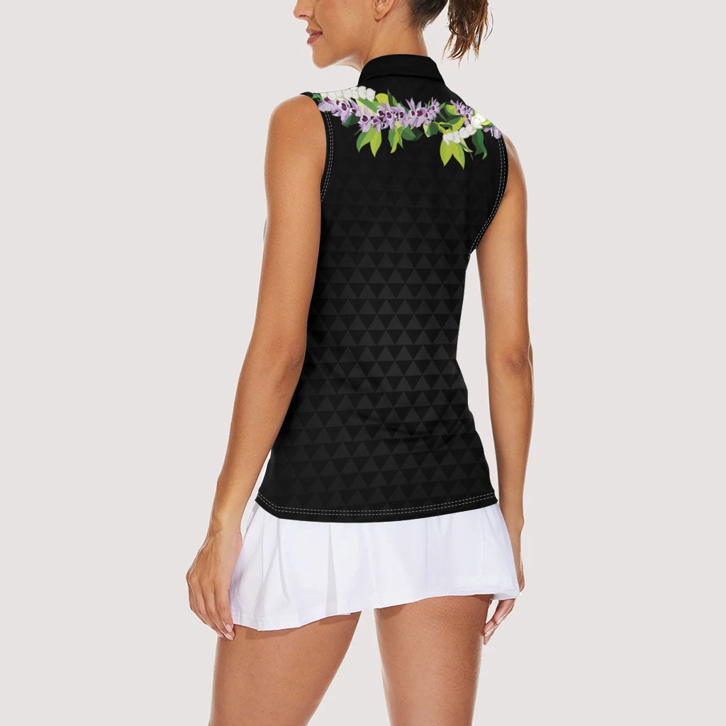 Hawaii Statehood Day Women Sleeveless Polo Shirt Kakau Pattern With Maile Pikake Honohono Lei LT05 - Polynesian Pride