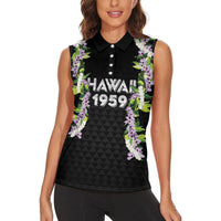 Hawaii Statehood Day Women Sleeveless Polo Shirt Kakau Pattern With Maile Pikake Honohono Lei LT05 - Polynesian Pride