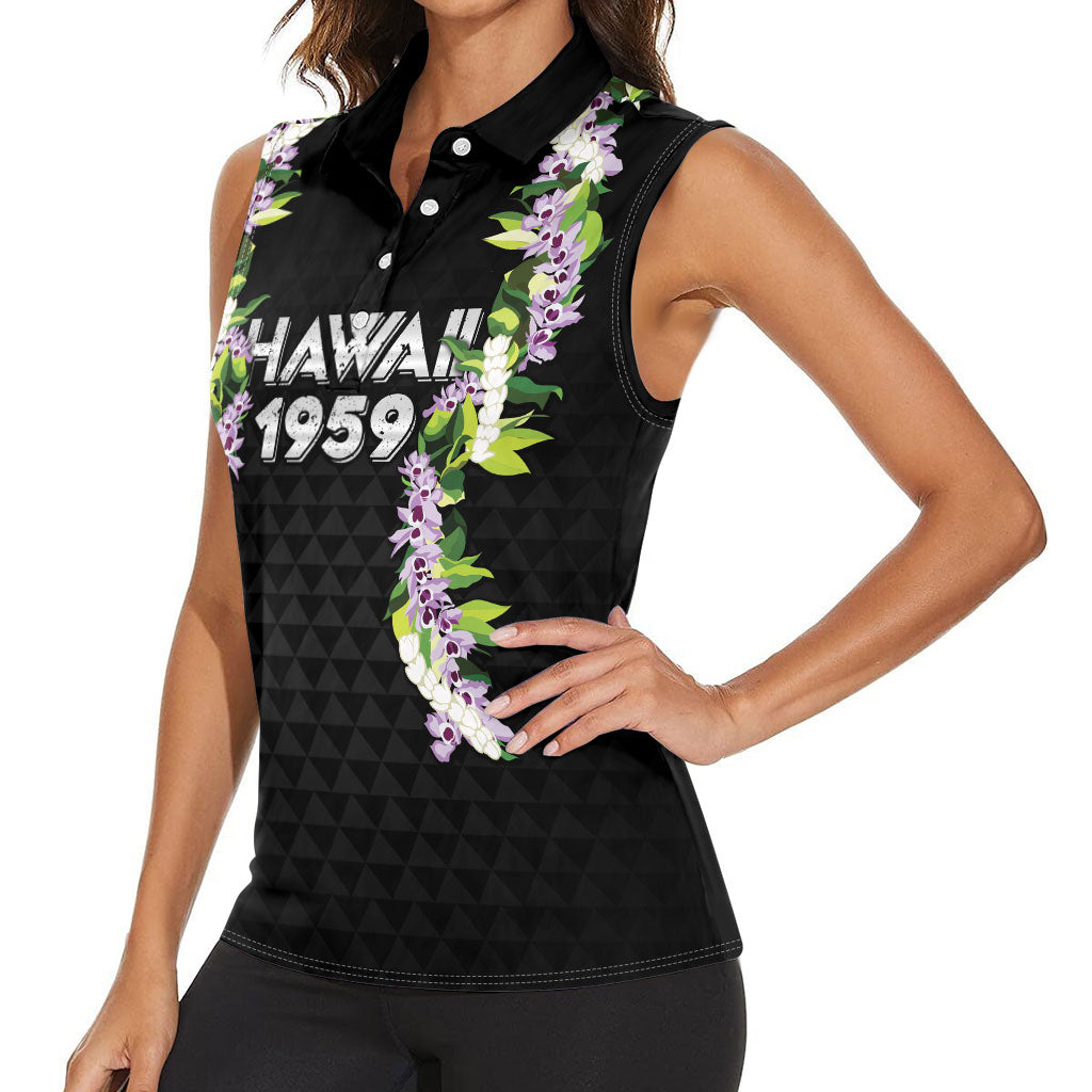 Hawaii Statehood Day Women Sleeveless Polo Shirt Kakau Pattern With Maile Pikake Honohono Lei LT05 - Polynesian Pride