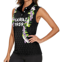Hawaii Statehood Day Women Sleeveless Polo Shirt Kakau Pattern With Maile Pikake Honohono Lei LT05 - Polynesian Pride