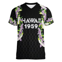 Hawaii Statehood Day Women V-Neck T-Shirt Kakau Pattern With Maile Pikake Honohono Lei LT05 Female Black - Polynesian Pride