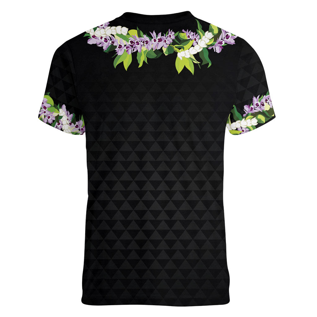 Hawaii Statehood Day Women V-Neck T-Shirt Kakau Pattern With Maile Pikake Honohono Lei LT05 - Polynesian Pride
