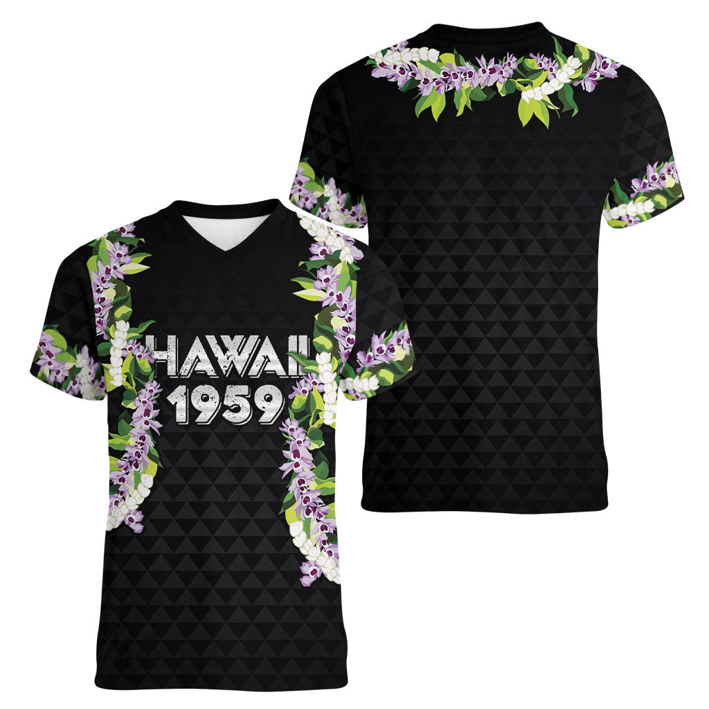 Hawaii Statehood Day Women V-Neck T-Shirt Kakau Pattern With Maile Pikake Honohono Lei LT05 - Polynesian Pride
