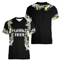 Hawaii Statehood Day Women V-Neck T-Shirt Kakau Pattern With Maile Pikake Honohono Lei LT05 - Polynesian Pride