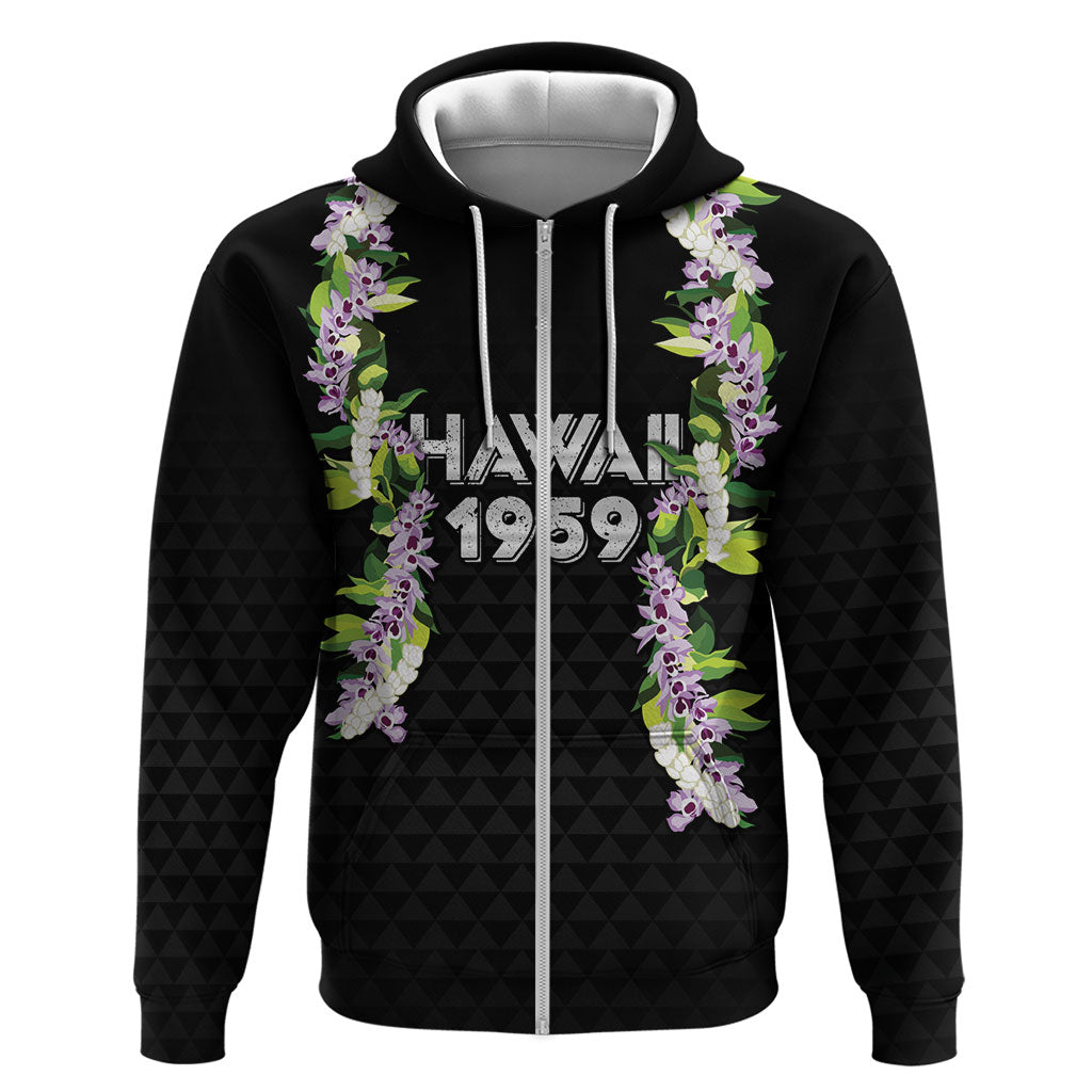 Hawaii Statehood Day Zip Hoodie Kakau Pattern With Maile Pikake Honohono Lei LT05 Zip Hoodie Black - Polynesian Pride