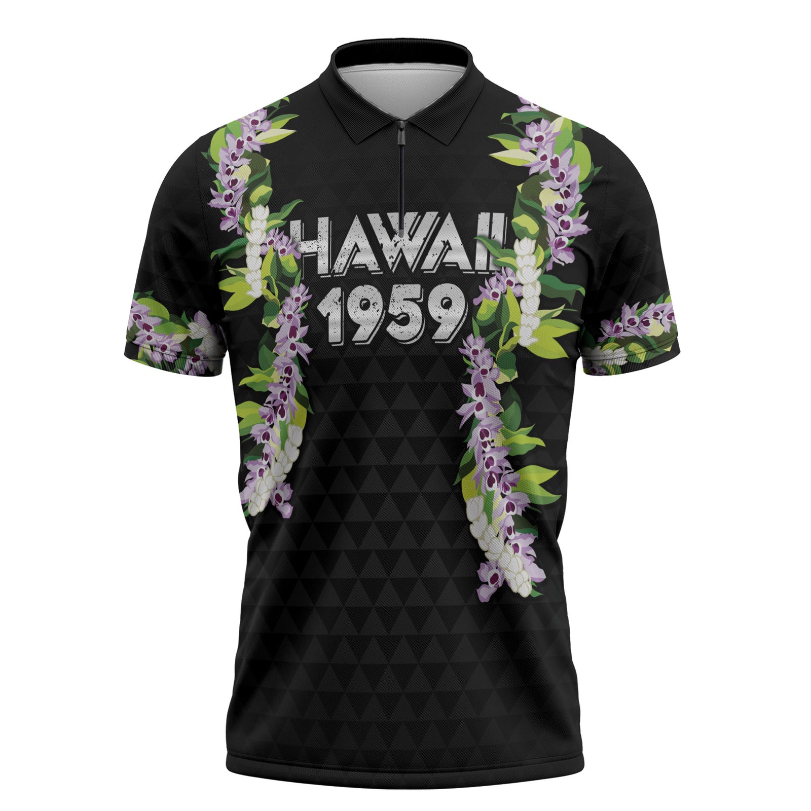 Hawaii Statehood Day Zipper Polo Shirt Kakau Pattern With Maile Pikake Honohono Lei LT05 Black - Polynesian Pride
