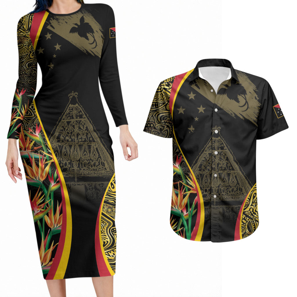 Papua New Guinea Hapi De Bilong Indipendens Couples Matching Long Sleeve Bodycon Dress and Hawaiian Shirt Special Style LT05 Black - Polynesian Pride