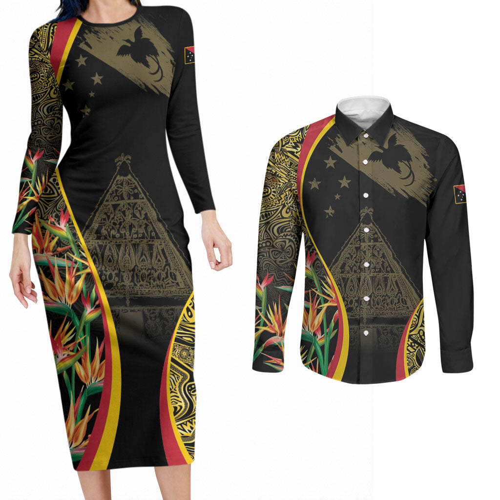 Papua New Guinea Hapi De Bilong Indipendens Couples Matching Long Sleeve Bodycon Dress and Long Sleeve Button Shirt Special Style LT05 Black - Polynesian Pride