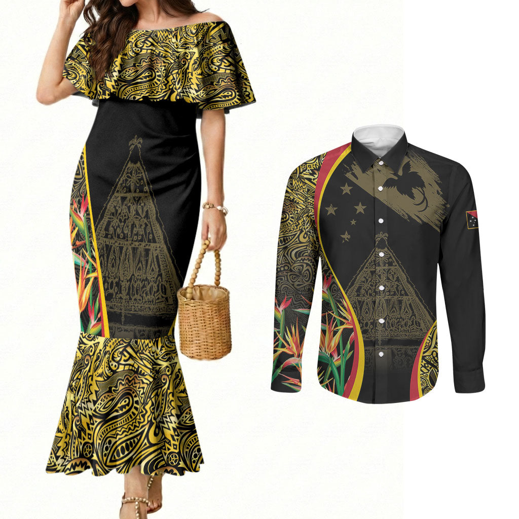 Papua New Guinea Hapi De Bilong Indipendens Couples Matching Mermaid Dress and Long Sleeve Button Shirt Special Style LT05 Black - Polynesian Pride
