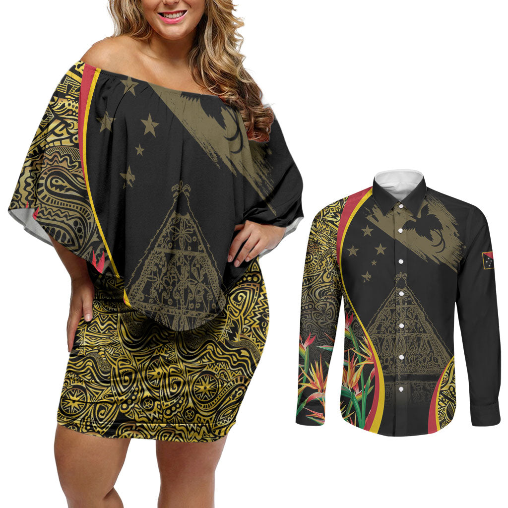 Papua New Guinea Hapi De Bilong Indipendens Couples Matching Off Shoulder Short Dress and Long Sleeve Button Shirt Special Style LT05 Black - Polynesian Pride