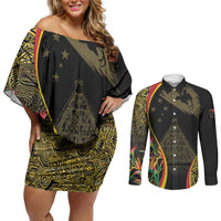Papua New Guinea Hapi De Bilong Indipendens Couples Matching Off Shoulder Short Dress and Long Sleeve Button Shirt Special Style LT05 Black - Polynesian Pride