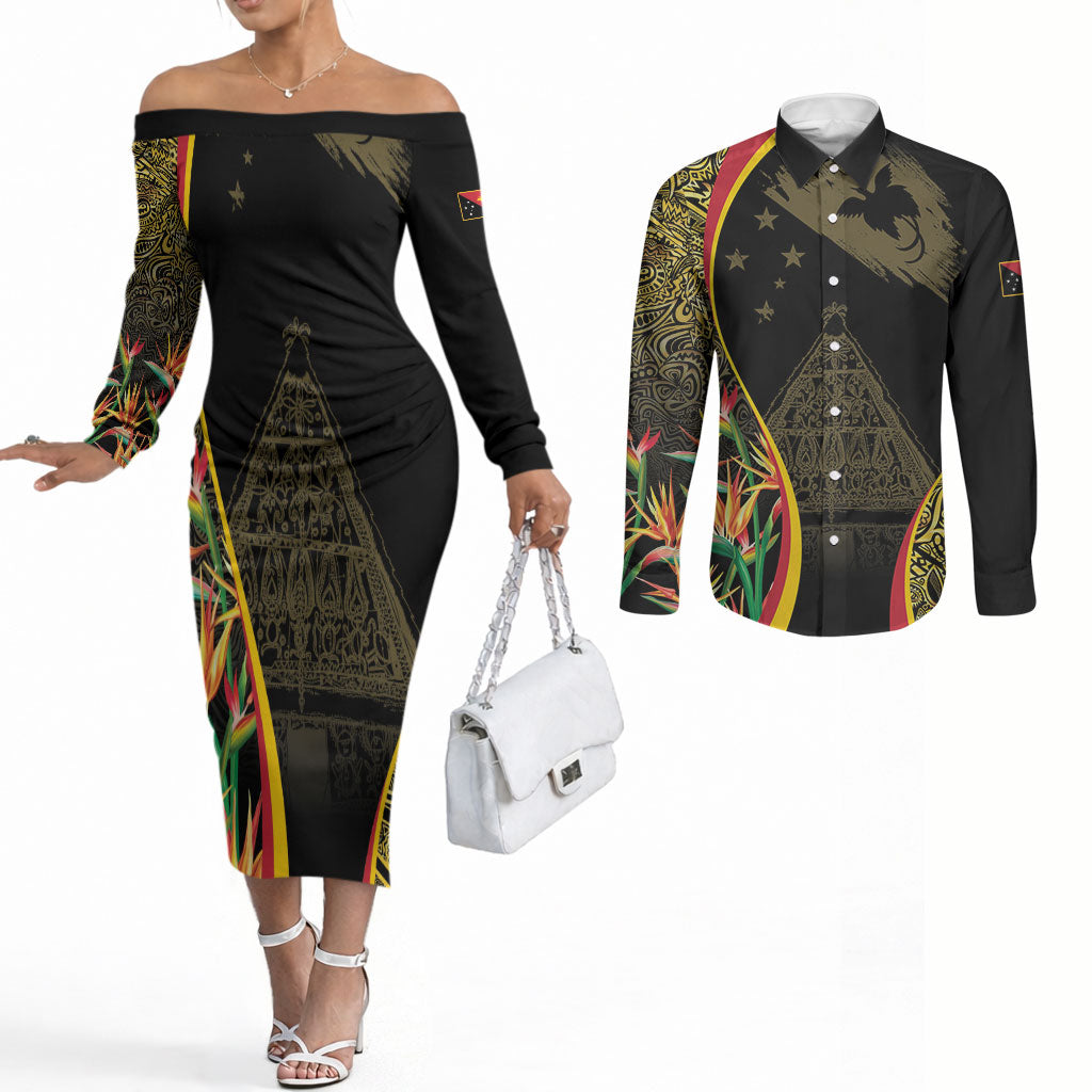 Papua New Guinea Hapi De Bilong Indipendens Couples Matching Off The Shoulder Long Sleeve Dress and Long Sleeve Button Shirt Special Style LT05 Black - Polynesian Pride