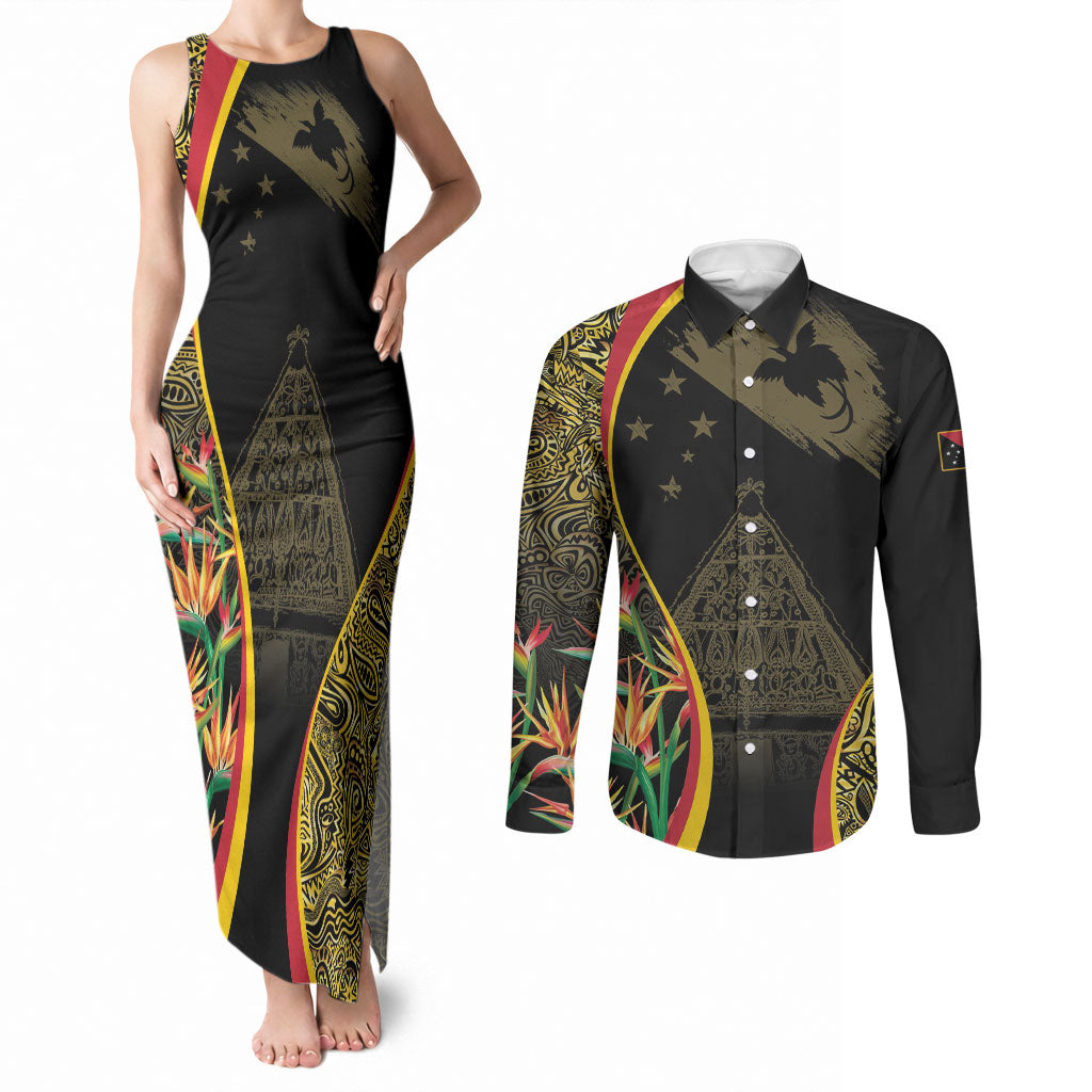 Papua New Guinea Hapi De Bilong Indipendens Couples Matching Tank Maxi Dress and Long Sleeve Button Shirt Special Style LT05 Black - Polynesian Pride