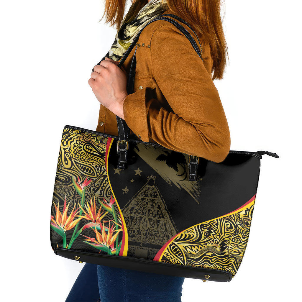 Papua New Guinea Hapi De Bilong Indipendens Leather Tote Bag Special Style LT05 Black - Polynesian Pride