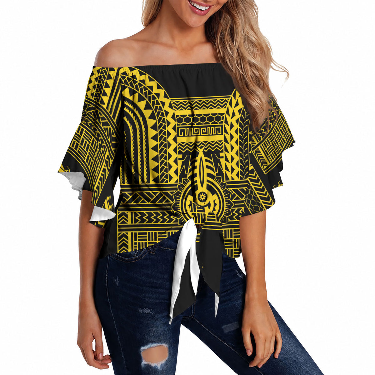 Philippines Filipinos Off Shoulder Wrap Waist Top Igorot Tribal Pattern Black LT05 - Polynesian Pride