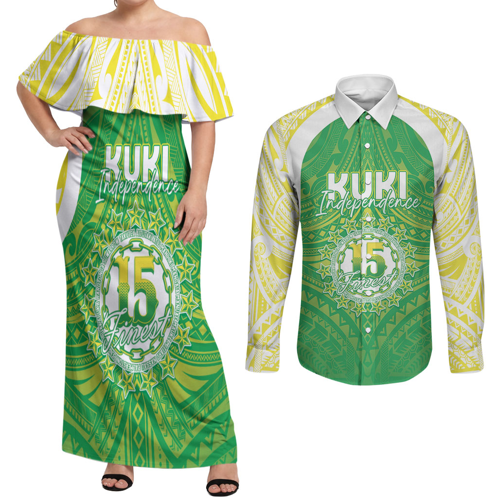 Kuki Independence 2026 Couples Matching Off Shoulder Maxi Dress and Long Sleeve Button Shirt Cook Islands 15 Finest Green Version LT05 Green - Polynesian Pride