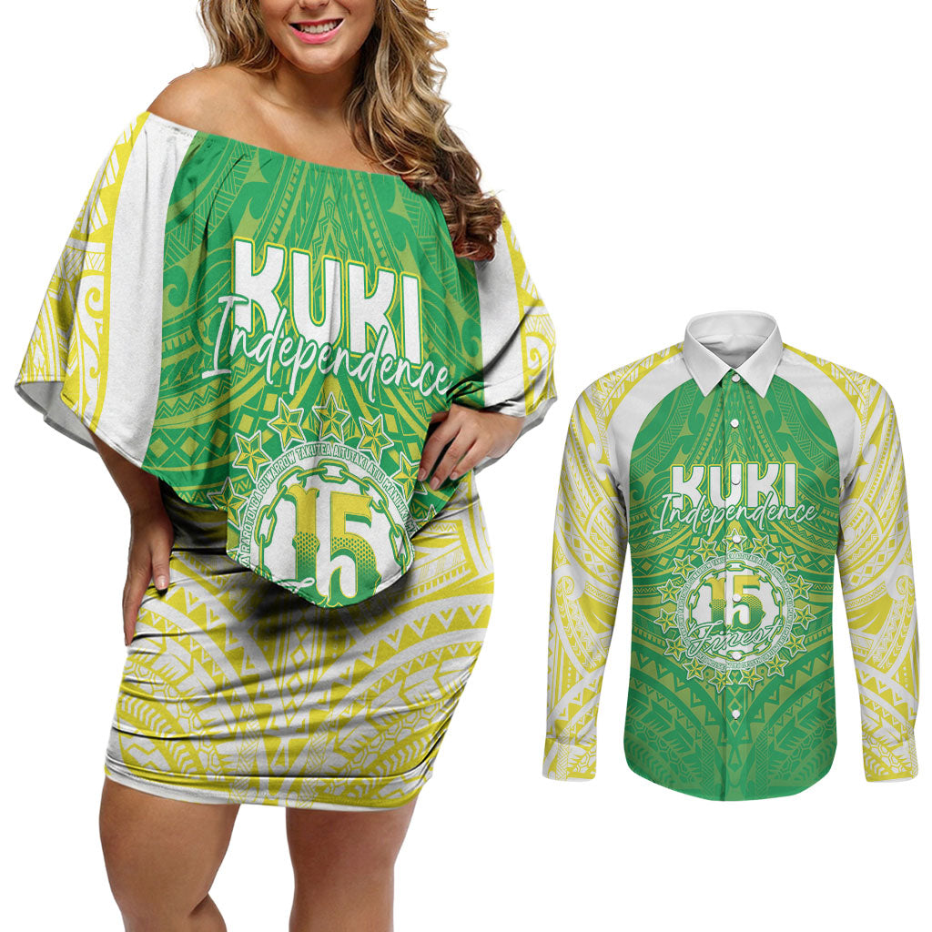 Kuki Independence 2026 Couples Matching Off Shoulder Short Dress and Long Sleeve Button Shirt Cook Islands 15 Finest Green Version LT05 Green - Polynesian Pride