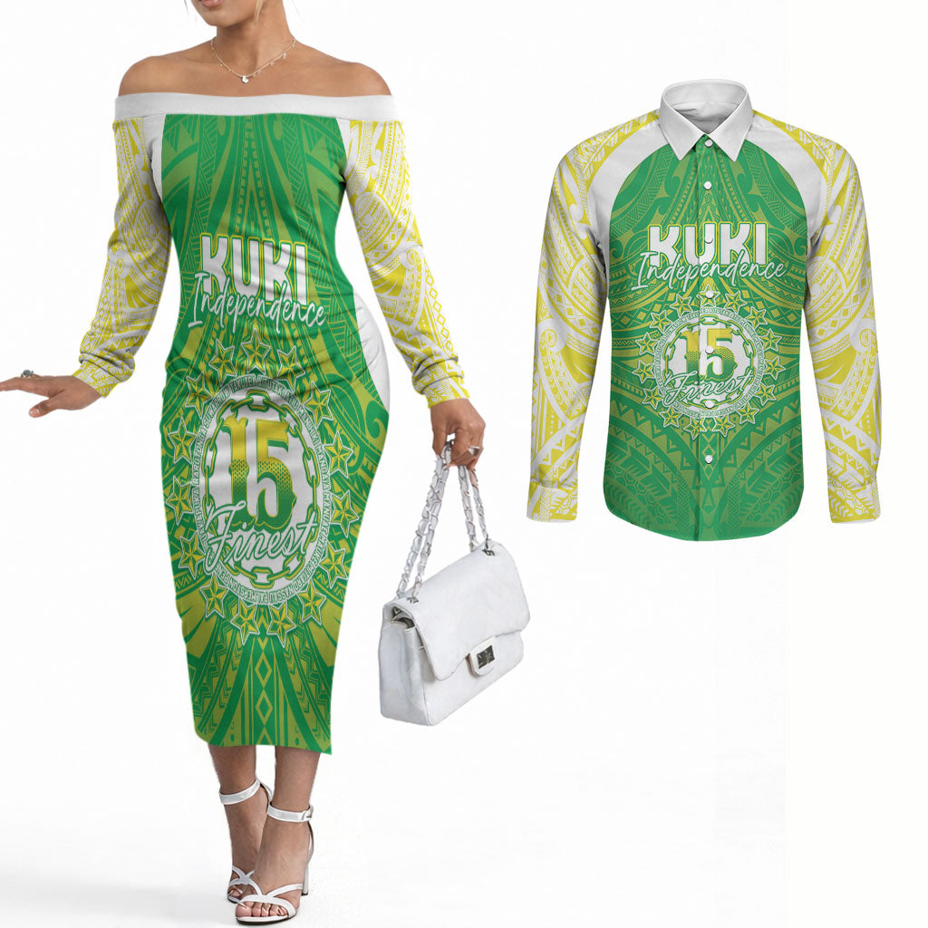 Kuki Independence 2026 Couples Matching Off The Shoulder Long Sleeve Dress and Long Sleeve Button Shirt Cook Islands 15 Finest Green Version LT05 Green - Polynesian Pride
