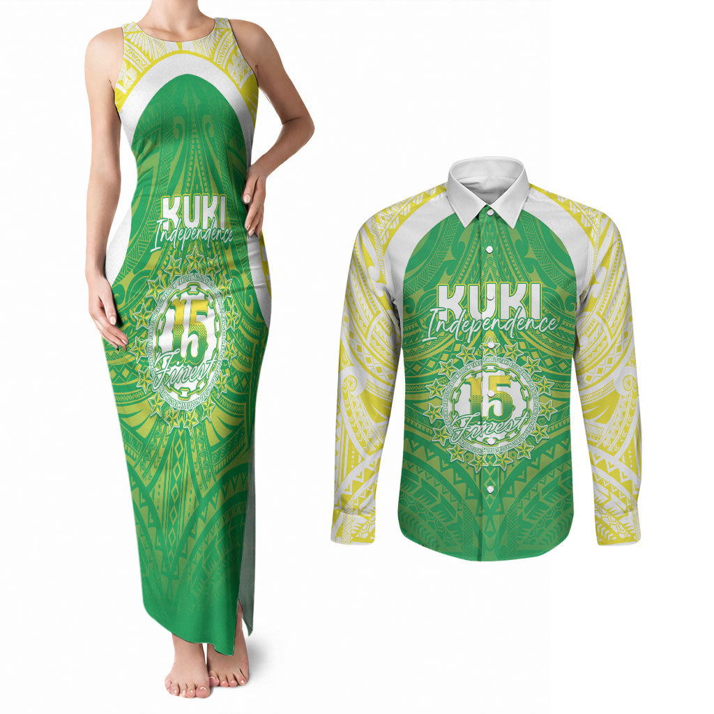 Kuki Independence 2026 Couples Matching Tank Maxi Dress and Long Sleeve Button Shirt Cook Islands 15 Finest Green Version LT05 Green - Polynesian Pride