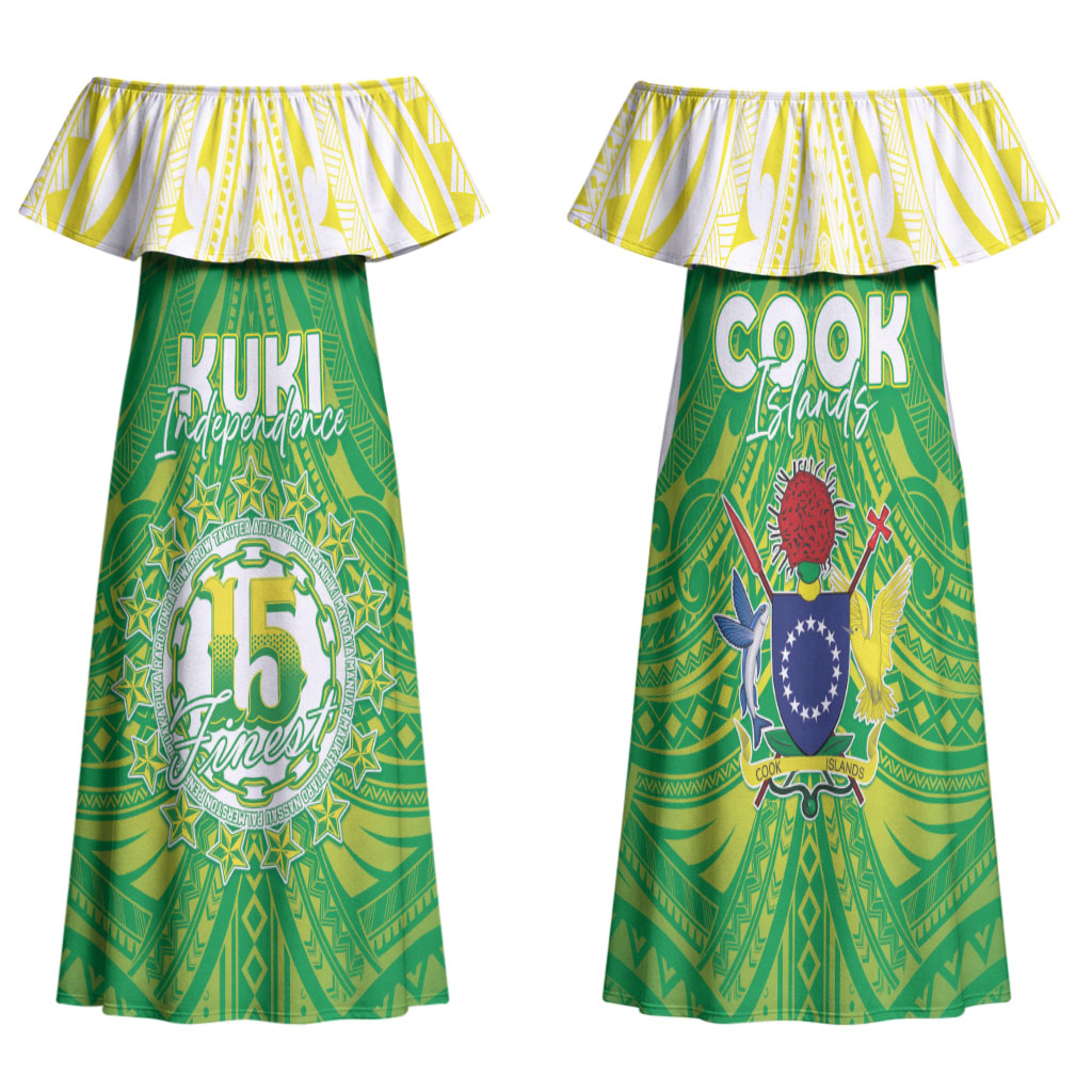 Kuki Independence 2026 Family Matching Off Shoulder Maxi Dress and Hawaiian Shirt Cook Islands 15 Finest Green Version LT05 Mom's Dress Green - Polynesian Pride