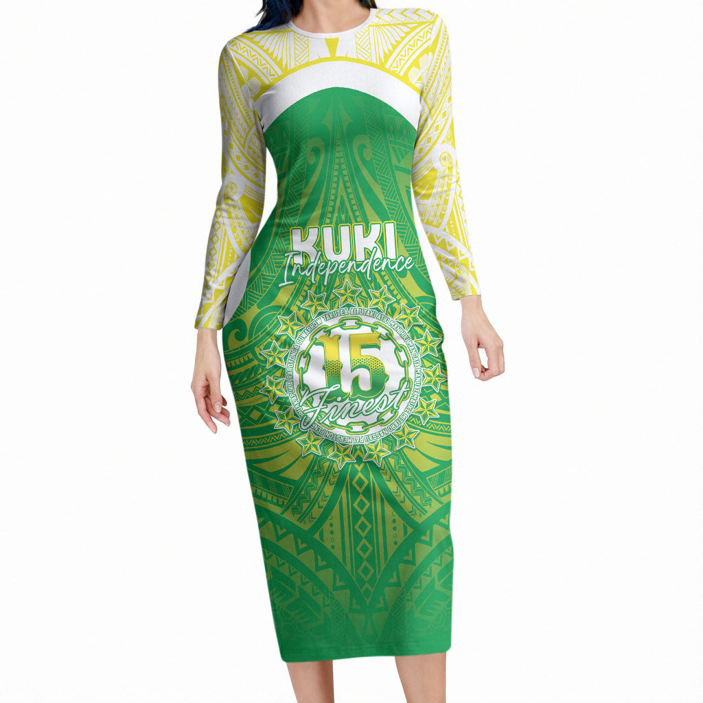 Kuki Independence 2026 Long Sleeve Bodycon Dress Cook Islands 15 Finest Green Version LT05 Long Dress Green - Polynesian Pride