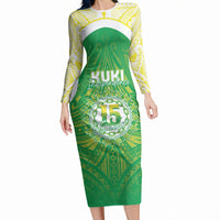 Kuki Independence 2026 Long Sleeve Bodycon Dress Cook Islands 15 Finest Green Version LT05 Long Dress Green - Polynesian Pride