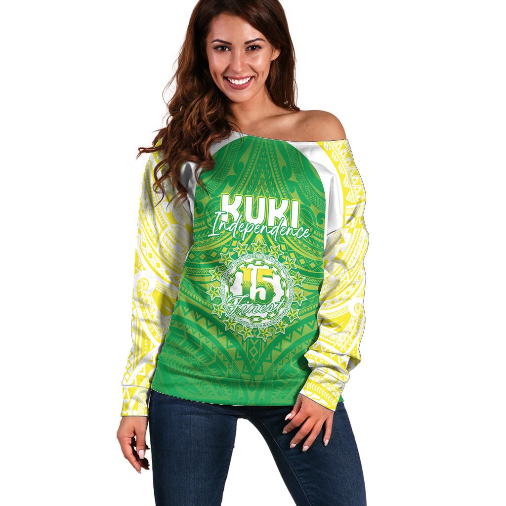 Kuki Independence 2026 Off Shoulder Sweater Cook Islands 15 Finest Green Version LT05 Women Green - Polynesian Pride