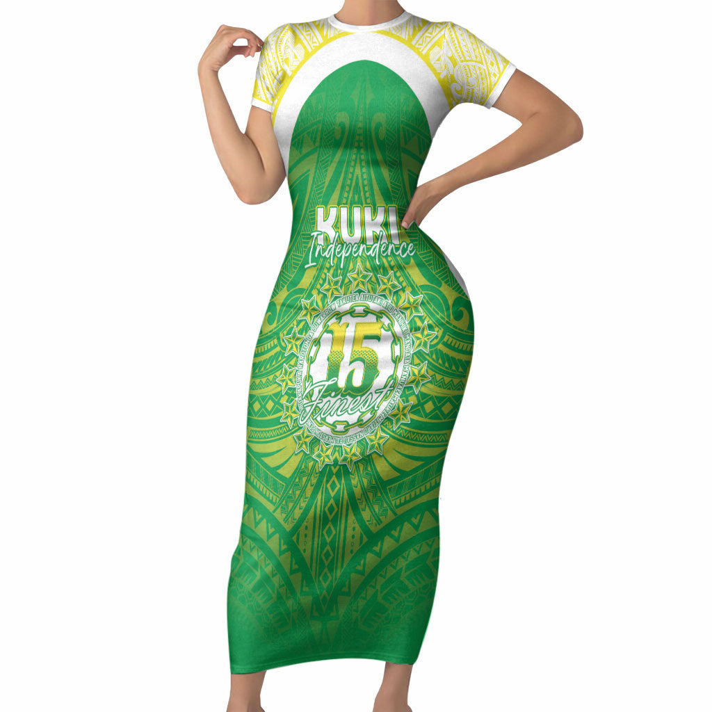 Kuki Independence 2026 Short Sleeve Bodycon Dress Cook Islands 15 Finest Green Version LT05 Long Dress Green - Polynesian Pride