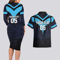 Custom Fiji Kaiviti Rugby Couples Matching Long Sleeve Bodycon Dress and Hawaiian Shirt Fiji Tapa Pattern LT05 - Polynesian Pride