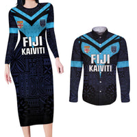 Custom Fiji Kaiviti Rugby Couples Matching Long Sleeve Bodycon Dress and Long Sleeve Button Shirt Fiji Tapa Pattern LT05 Blue - Polynesian Pride