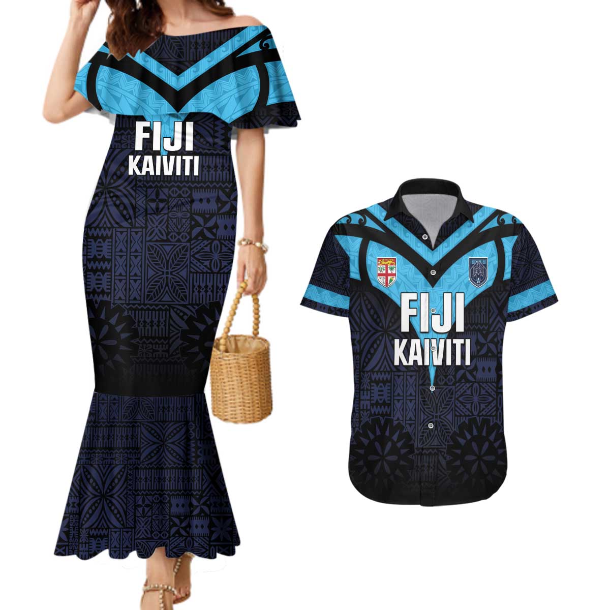 Custom Fiji Kaiviti Rugby Couples Matching Mermaid Dress and Hawaiian Shirt Fiji Tapa Pattern LT05 Blue - Polynesian Pride