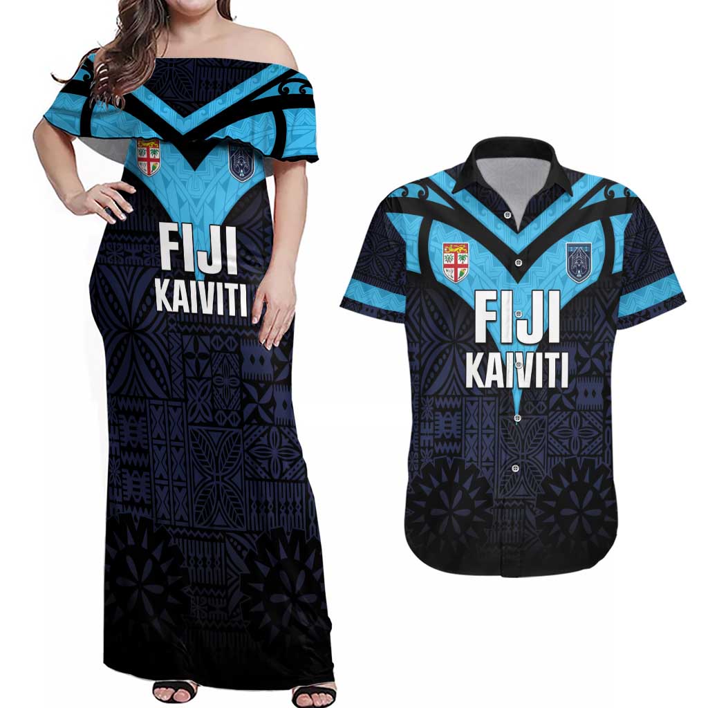Custom Fiji Kaiviti Rugby Couples Matching Off Shoulder Maxi Dress and Hawaiian Shirt Fiji Tapa Pattern LT05 Blue - Polynesian Pride