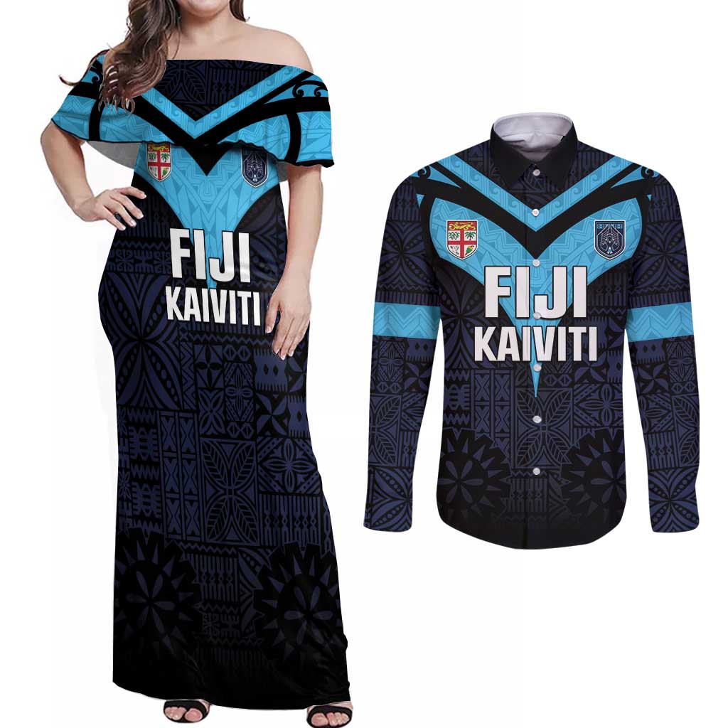 Custom Fiji Kaiviti Rugby Couples Matching Off Shoulder Maxi Dress and Long Sleeve Button Shirt Fiji Tapa Pattern LT05 Blue - Polynesian Pride