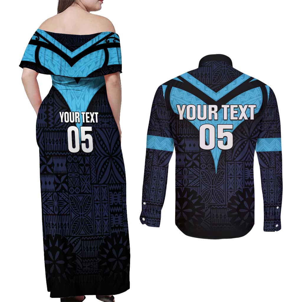 Custom Fiji Kaiviti Rugby Couples Matching Off Shoulder Maxi Dress and Long Sleeve Button Shirt Fiji Tapa Pattern LT05 - Polynesian Pride