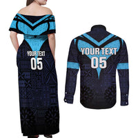 Custom Fiji Kaiviti Rugby Couples Matching Off Shoulder Maxi Dress and Long Sleeve Button Shirt Fiji Tapa Pattern LT05 - Polynesian Pride