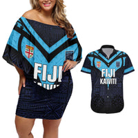 Custom Fiji Kaiviti Rugby Couples Matching Off Shoulder Short Dress and Hawaiian Shirt Fiji Tapa Pattern LT05 Blue - Polynesian Pride