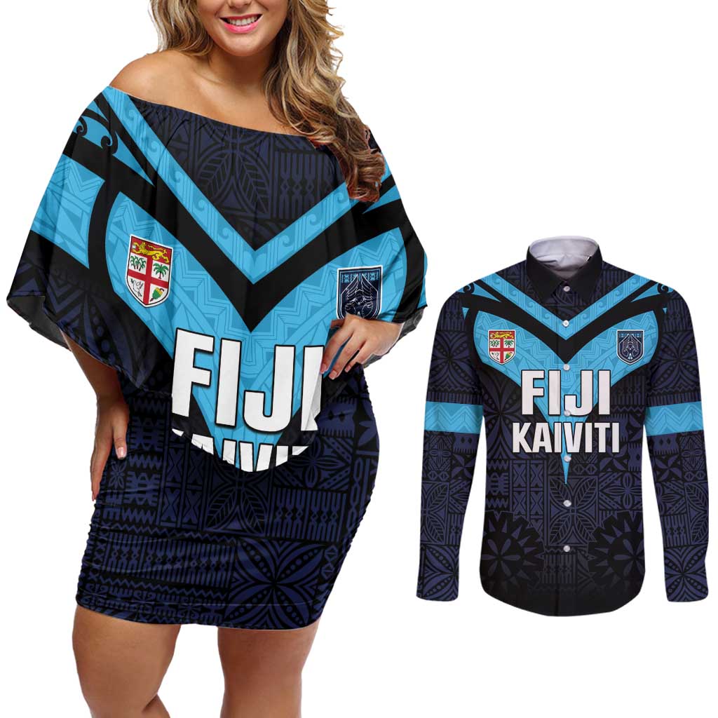 Custom Fiji Kaiviti Rugby Couples Matching Off Shoulder Short Dress and Long Sleeve Button Shirt Fiji Tapa Pattern LT05 Blue - Polynesian Pride