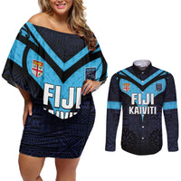 Custom Fiji Kaiviti Rugby Couples Matching Off Shoulder Short Dress and Long Sleeve Button Shirt Fiji Tapa Pattern LT05 Blue - Polynesian Pride