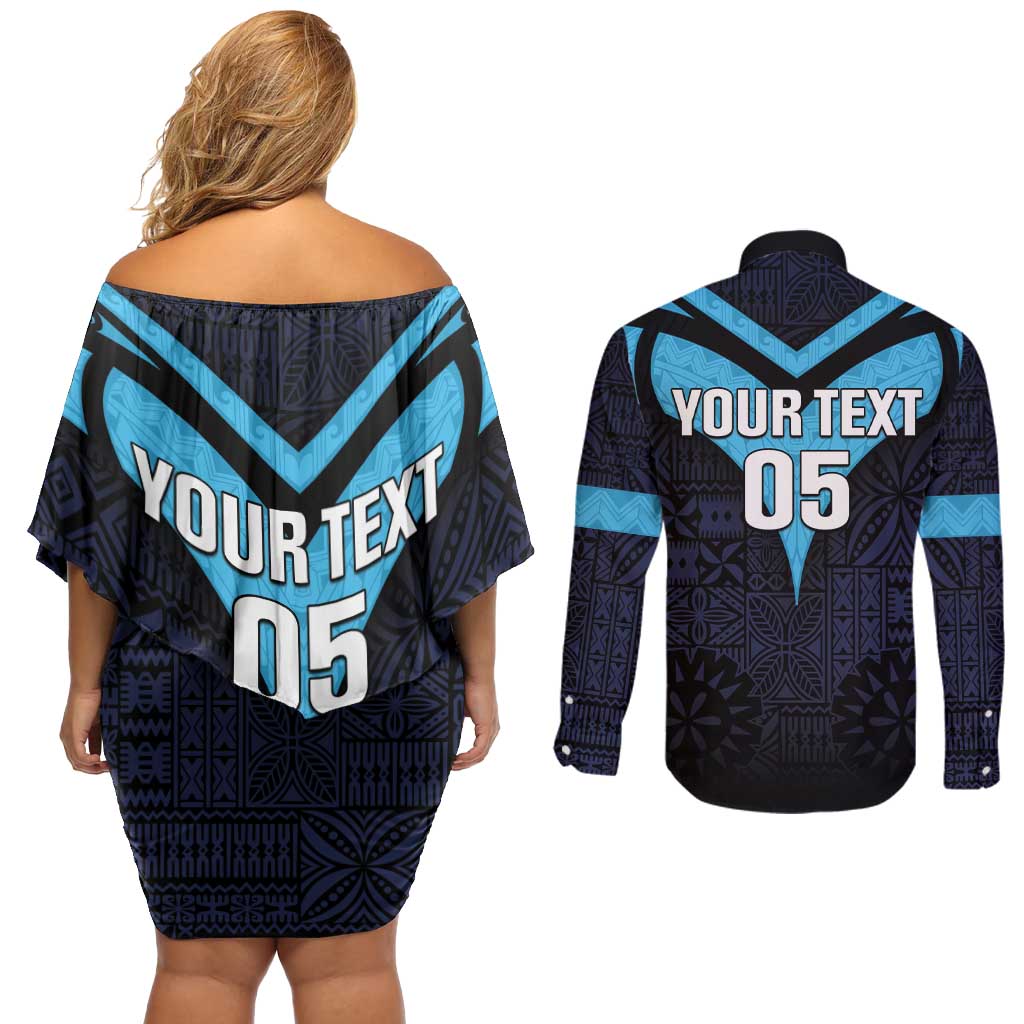 Custom Fiji Kaiviti Rugby Couples Matching Off Shoulder Short Dress and Long Sleeve Button Shirt Fiji Tapa Pattern LT05 - Polynesian Pride