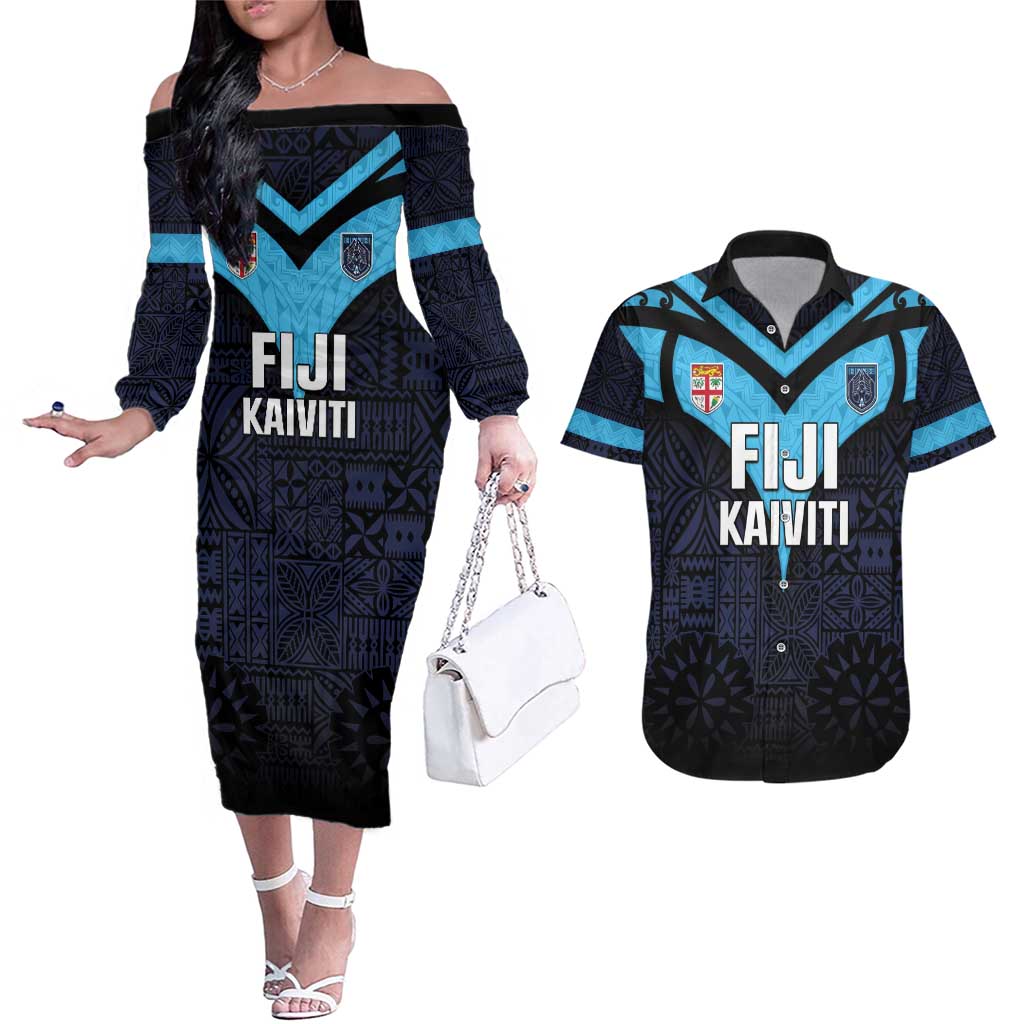 Custom Fiji Kaiviti Rugby Couples Matching Off The Shoulder Long Sleeve Dress and Hawaiian Shirt Fiji Tapa Pattern LT05 Blue - Polynesian Pride