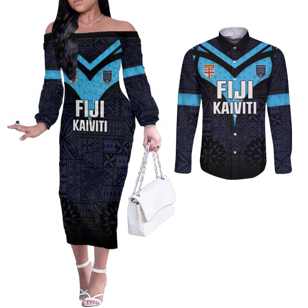 Custom Fiji Kaiviti Rugby Couples Matching Off The Shoulder Long Sleeve Dress and Long Sleeve Button Shirt Fiji Tapa Pattern LT05 Blue - Polynesian Pride