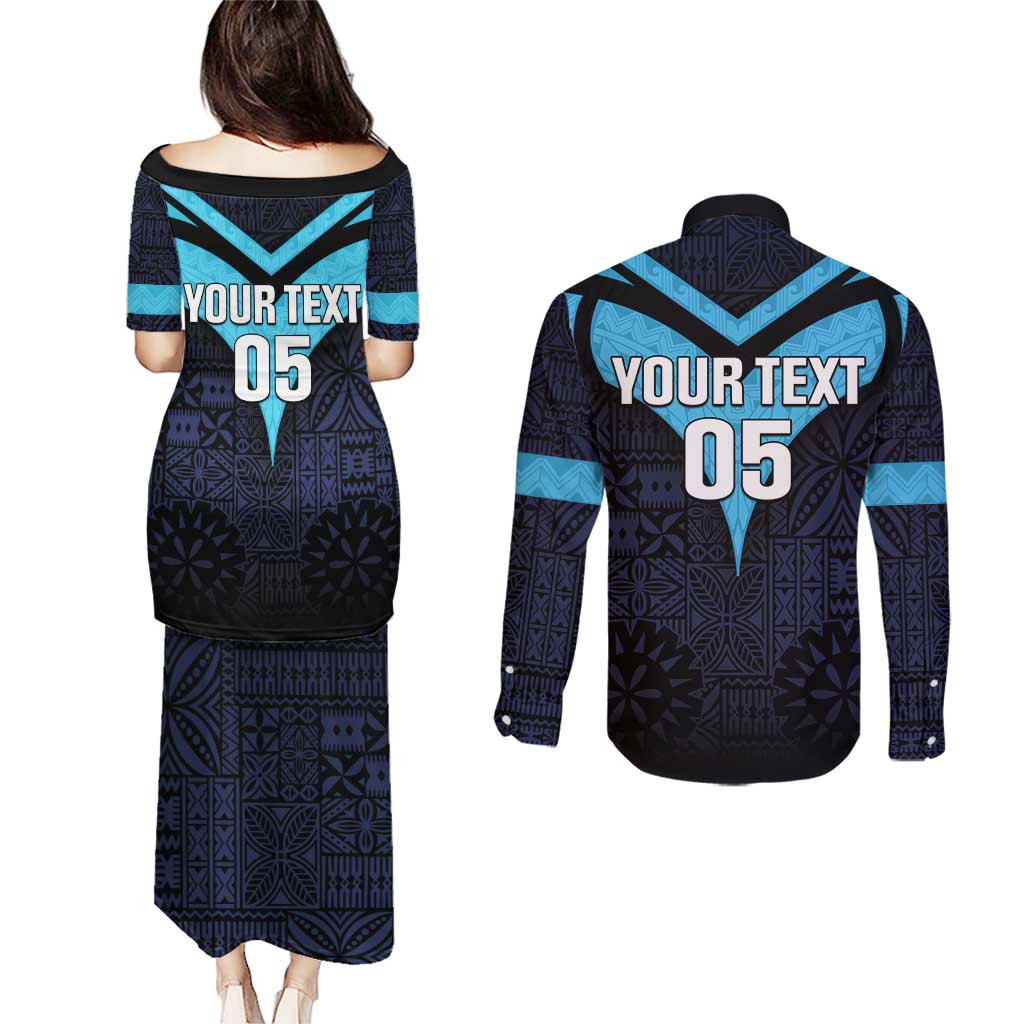Custom Fiji Kaiviti Rugby Couples Matching Puletasi and Long Sleeve Button Shirt Fiji Tapa Pattern LT05 - Polynesian Pride