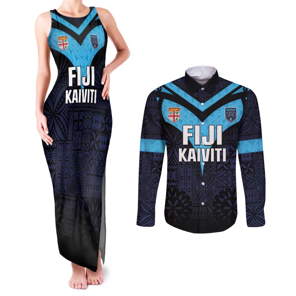 Custom Fiji Kaiviti Rugby Couples Matching Tank Maxi Dress and Long Sleeve Button Shirt Fiji Tapa Pattern LT05 Blue - Polynesian Pride