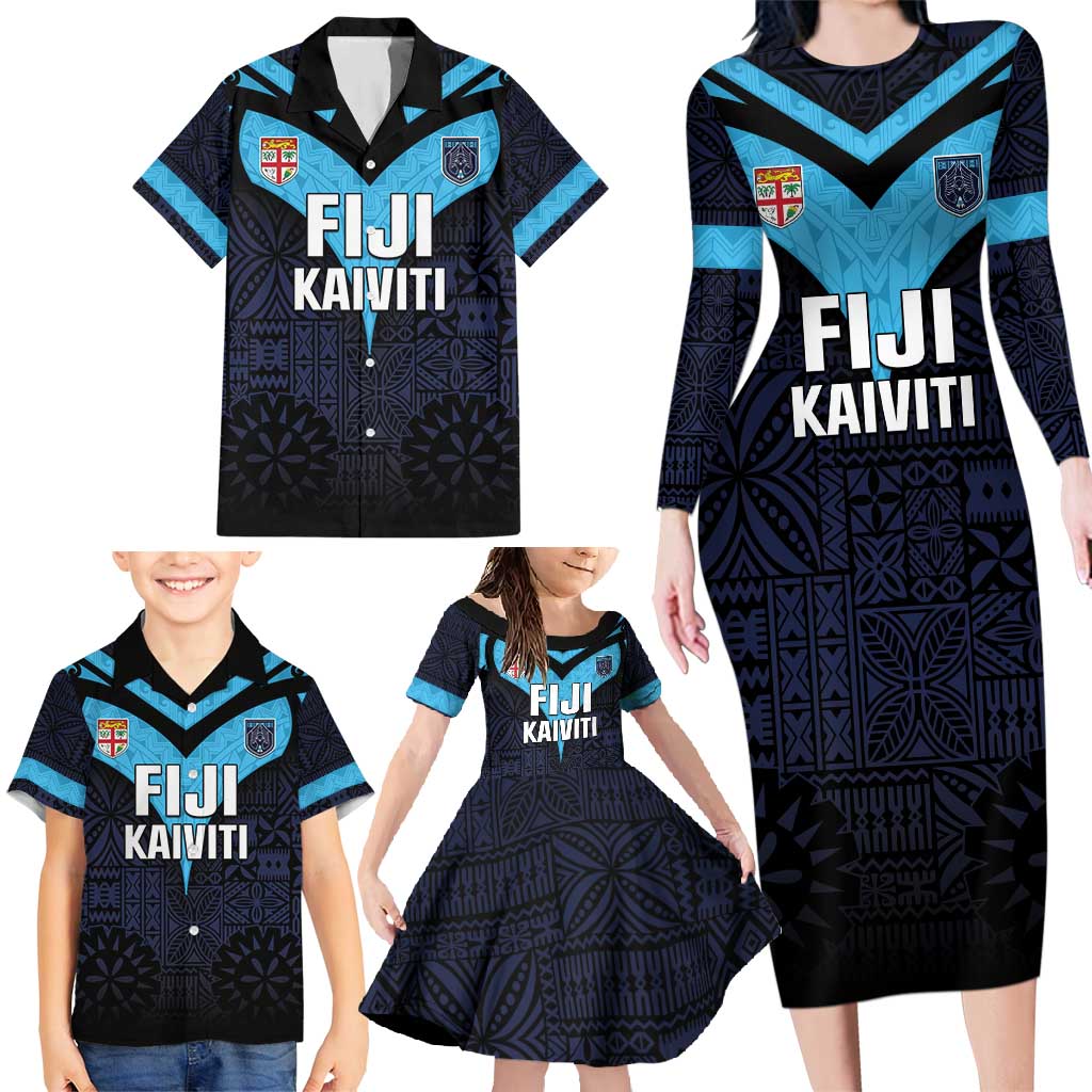 Custom Fiji Kaiviti Rugby Family Matching Long Sleeve Bodycon Dress and Hawaiian Shirt Fiji Tapa Pattern LT05 - Polynesian Pride