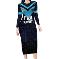Custom Fiji Kaiviti Rugby Family Matching Long Sleeve Bodycon Dress and Hawaiian Shirt Fiji Tapa Pattern LT05 Mom's Dress Blue - Polynesian Pride