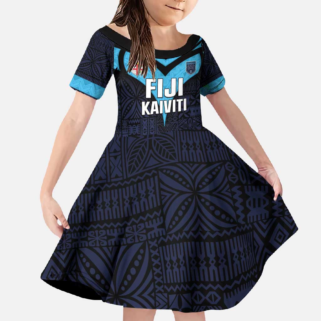 Custom Fiji Kaiviti Rugby Family Matching Mermaid Dress and Hawaiian Shirt Fiji Tapa Pattern LT05 Daughter's Dress Blue - Polynesian Pride